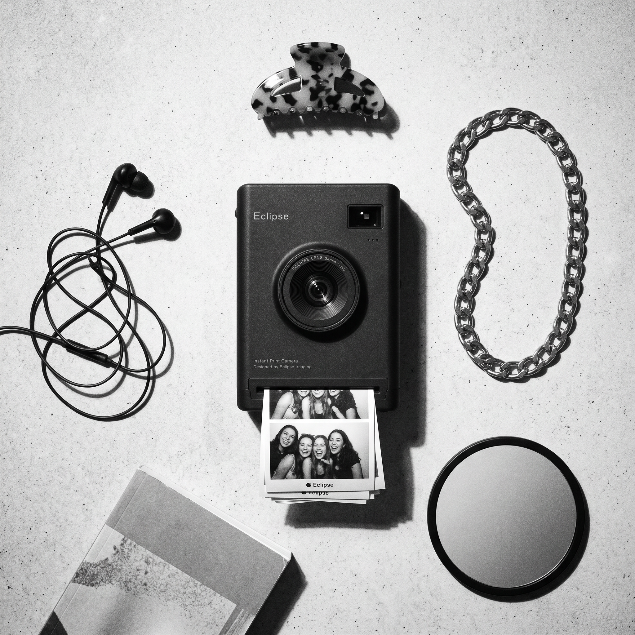Eclipse camera and prints arranged on a table